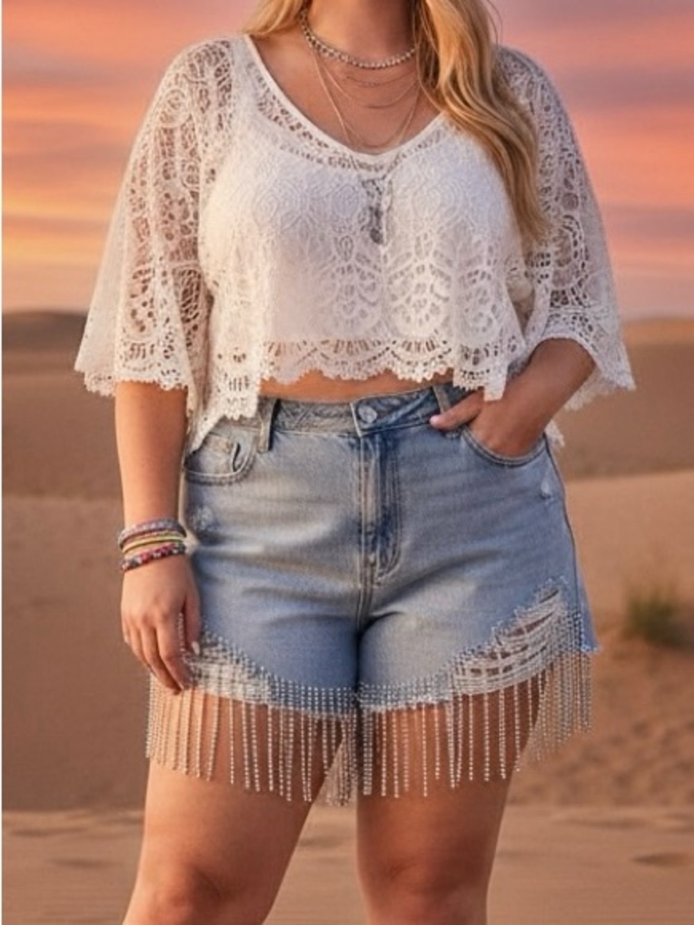 Rhinestone Fringe Distressed Denim Shorts Y2K Festival Sparkly Cutoff 3X